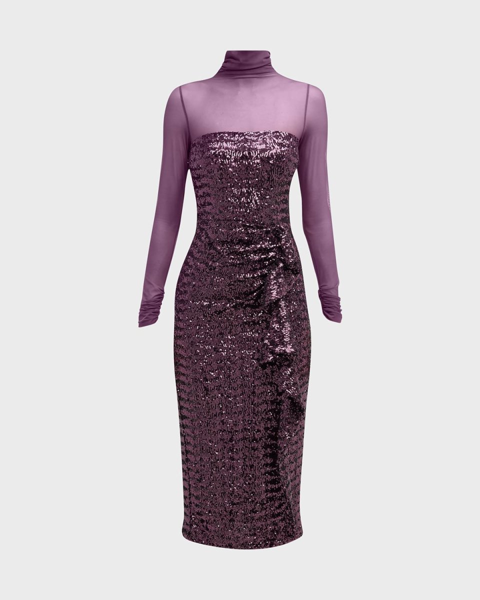 Morika Ruffle Sequin Illusion Midi Dress